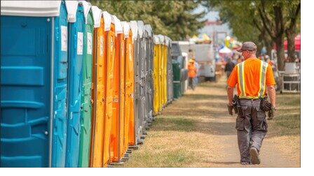 Colorful portable restrooms lined up for a South Florida outdoor event