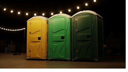 Portable restrooms lit by string lights at an evening beachside event