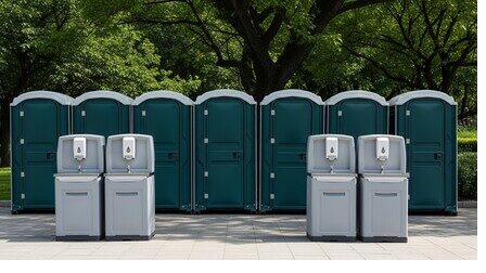 Row of hand-wash stations paired with portable restrooms