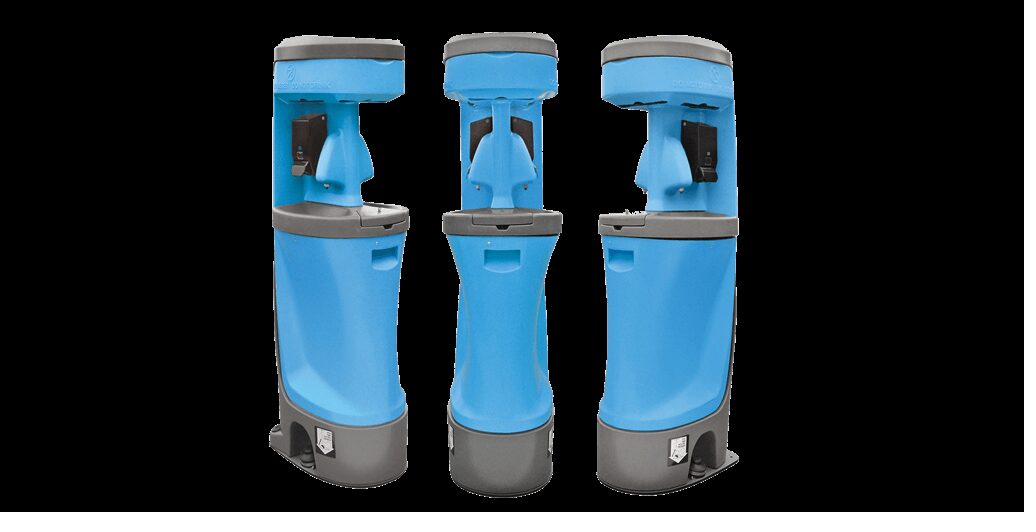 Three blue portable hand-wash stations shown in a studio product photo
