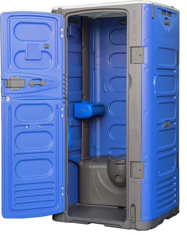 Portable restroom unit shown with door open revealing the interior